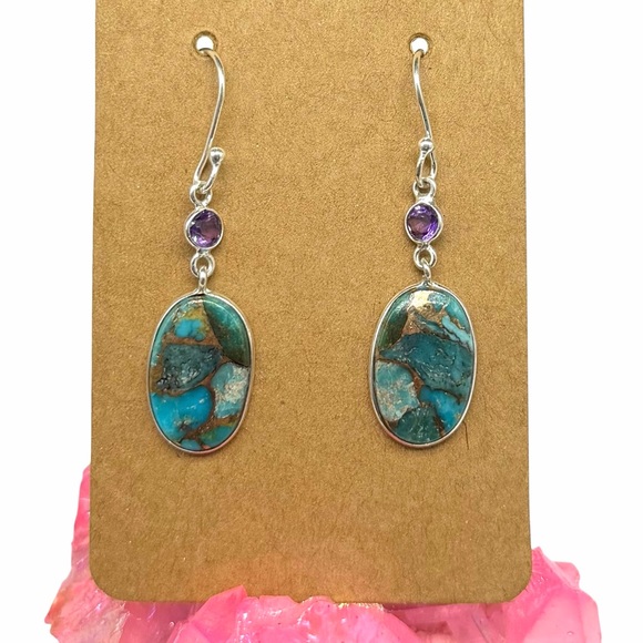 Hand Crafted Jewelry - Kingman Mine Copper Turquoise Earrings Solid 925 Sterling Silver Pierced Dangle